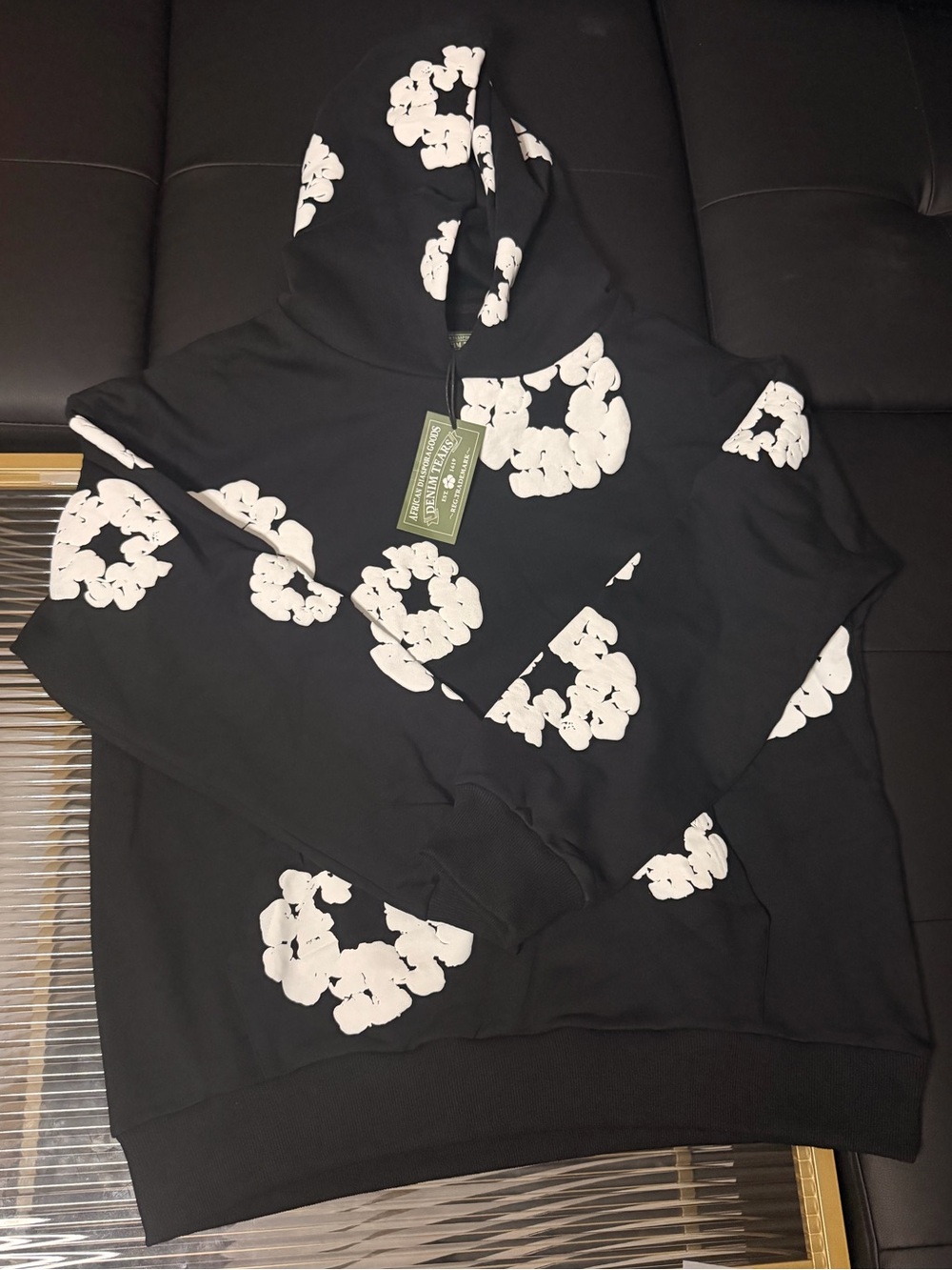 DENIM TEARS Black Floral-Print Hoodie Cowlneck Sweatshirt